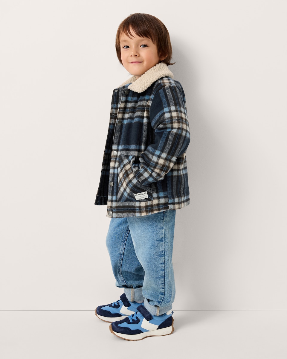 image 1 of F&F Boys Checked Borg Jacket in Navy