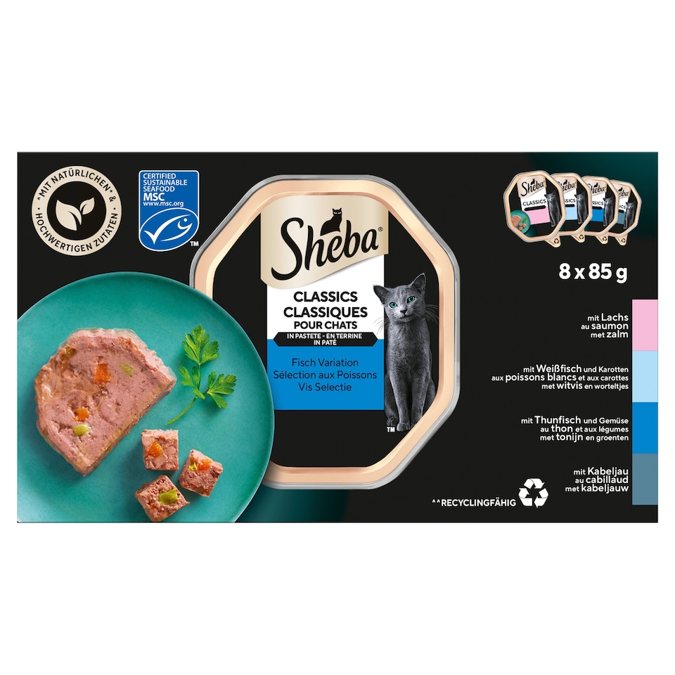 Sheba Classics Fish Variation teljes értékű nedves eledel felnőtt macskáknak 8 x 85 g (680 g)