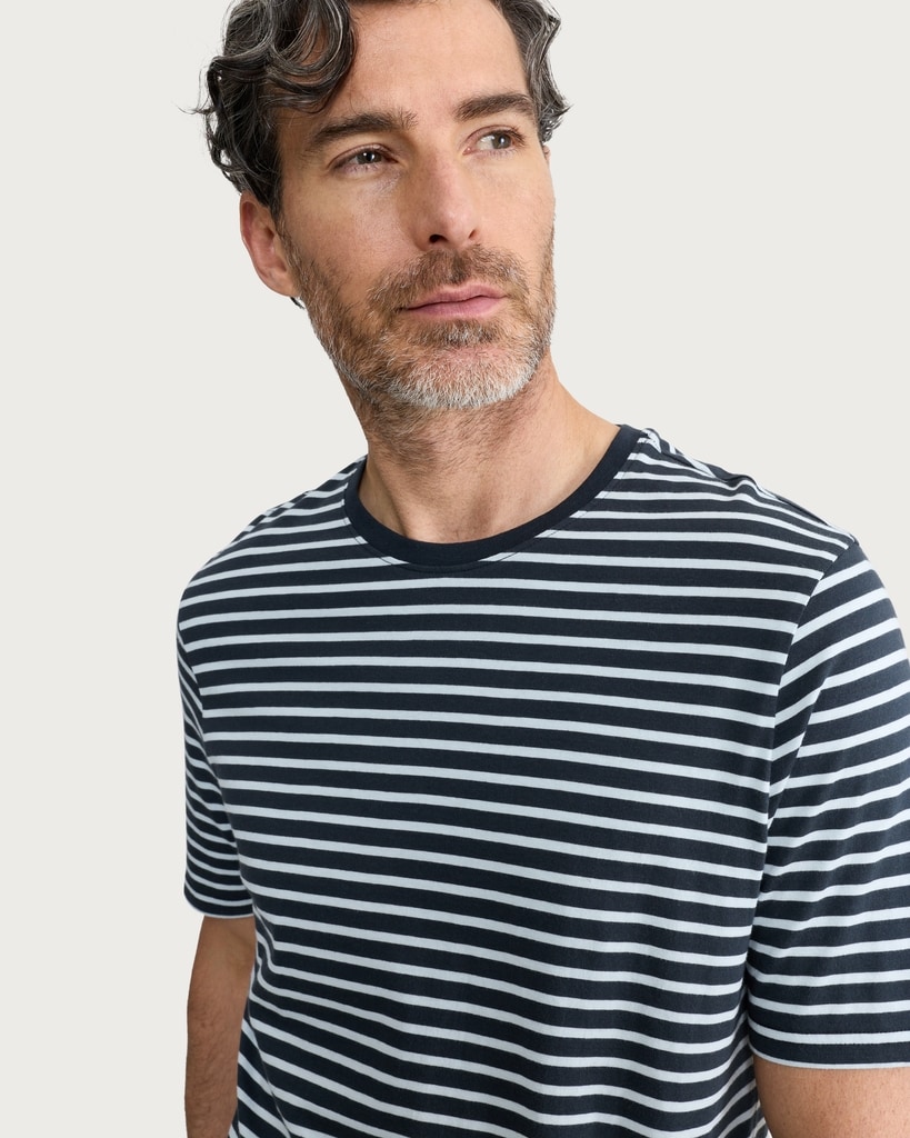 F&F Pure Cotton Stripe Print Short Sleeved Slim Fit T-Shirt in Navy