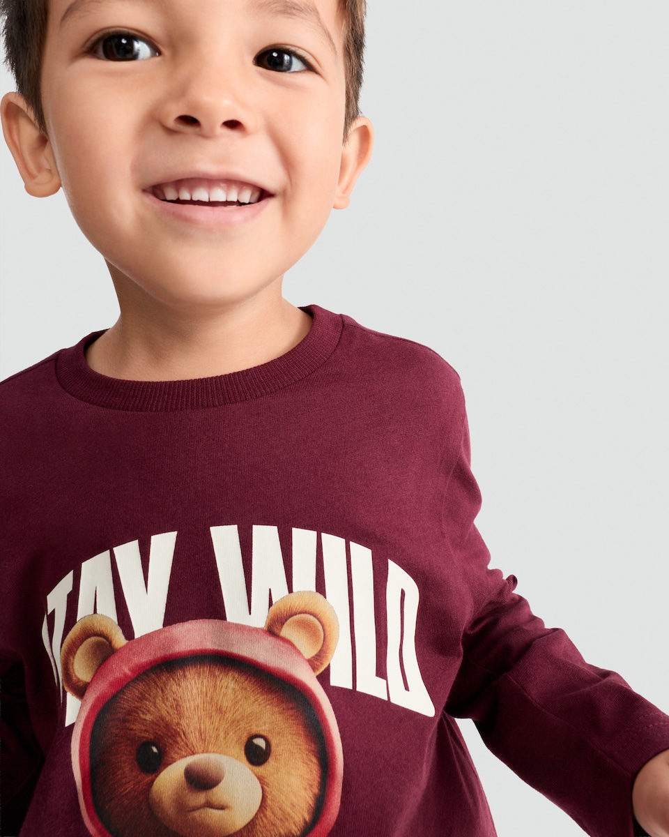 image 1 of F&F Boys Pure Cotton Stay Wild Long Sleeved Top in Purple