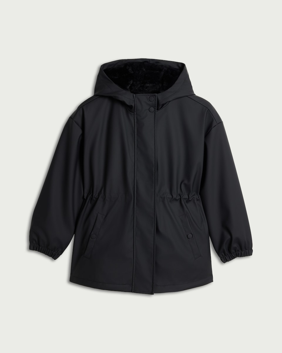 image 1 of F&F Girls Cinched Waist Hooded Raincoat in Black