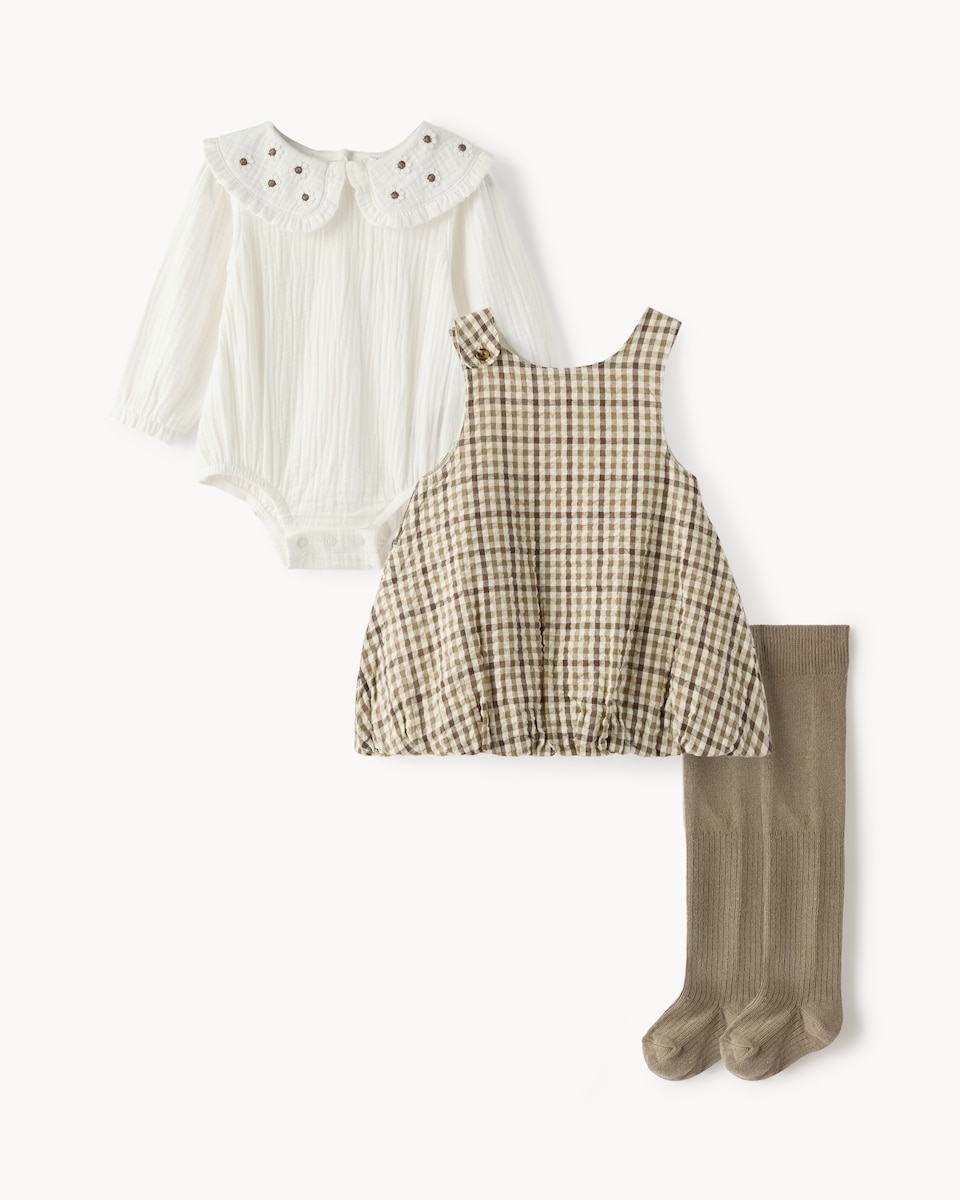 image 1 of F&F Baby Textured Checked Dress, Bodysuit and Tights Set in Tan