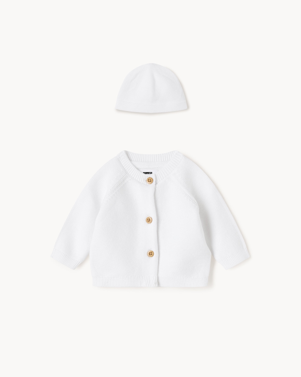 image 1 of F&F Baby Premature Pure Cotton Cardigan and Hat Set in White