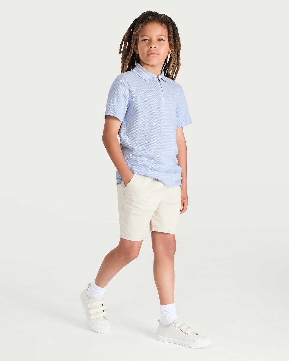 image 1 of F&F Boys Cotton Rich Textured Striped Polo Shirt in Blue