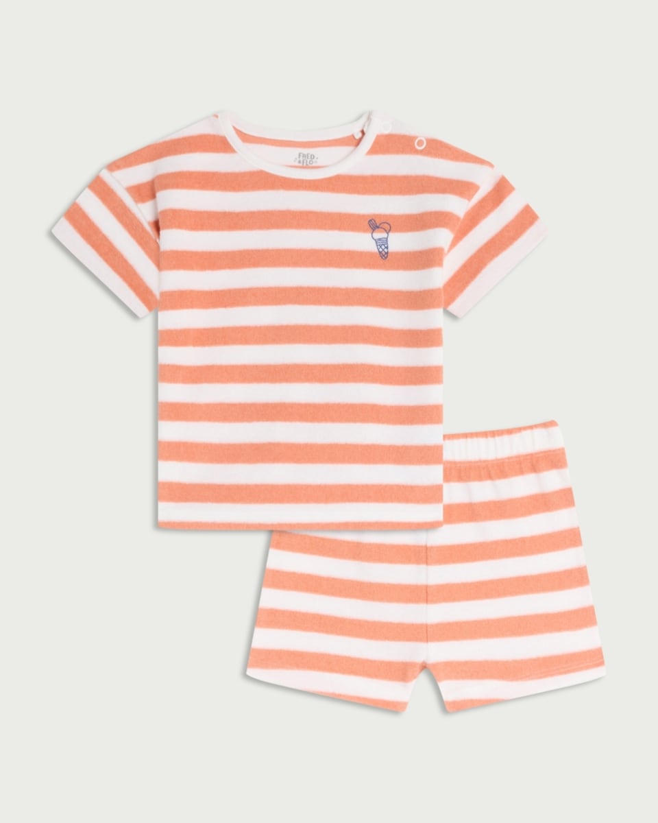 image 1 of F&F Baby 2-Piece Pure Cotton Towelled Striped Top and Shorts Set in Orange