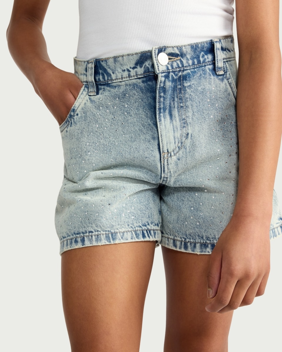 image 1 of F&F Girls Pure Cotton Embellished Denim Shorts in Blue