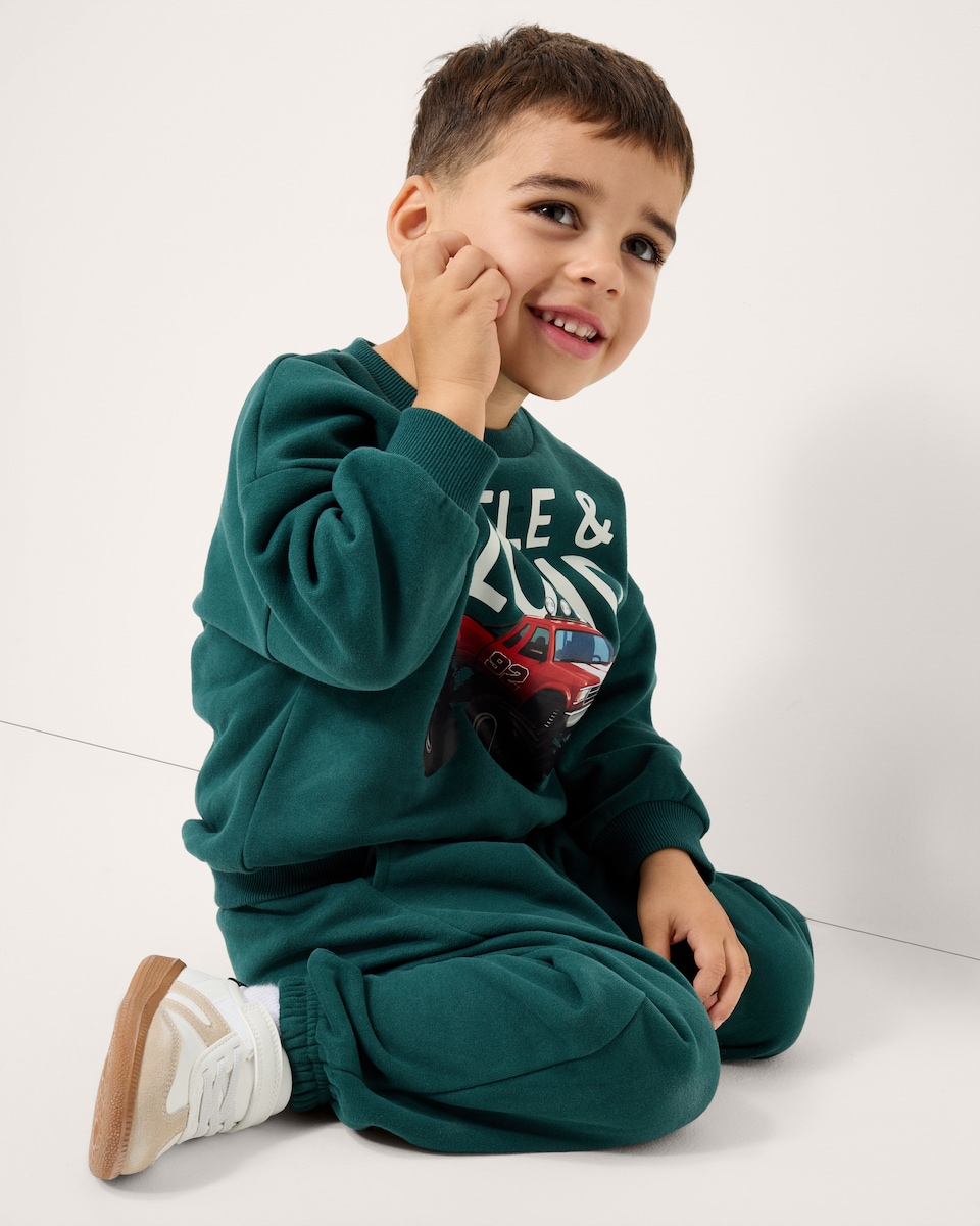 image 1 of F&F Boys Cotton Rich Vehicle Print Sweatshirt and Joggers Set in Green