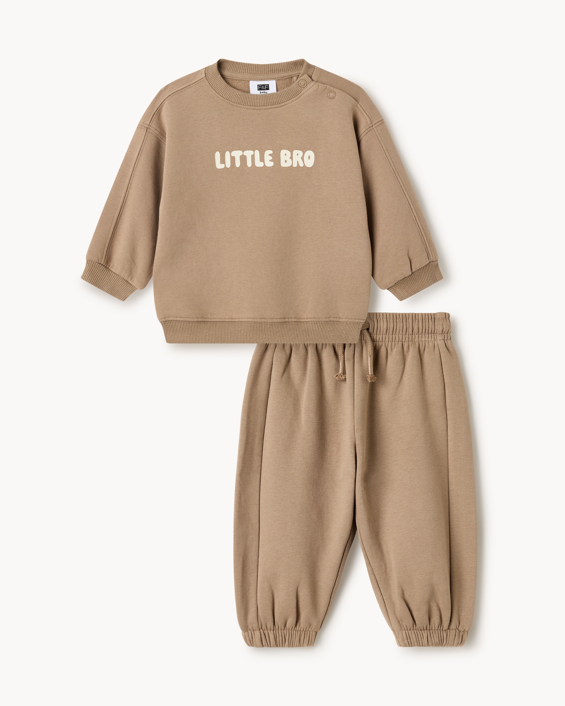 F&F Baby Cotton Rich Little Bro Sweatshirt and Joggers Set in Tan