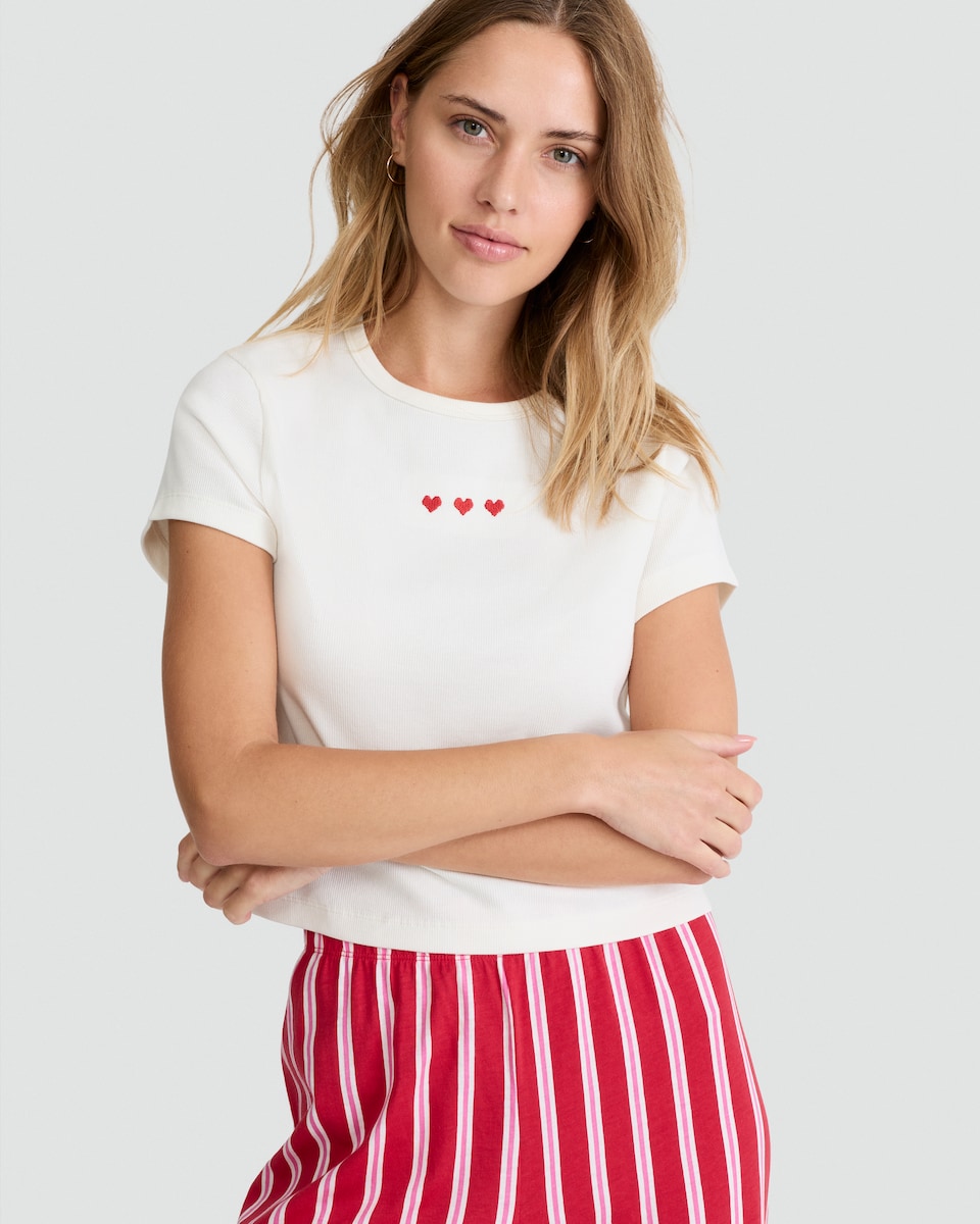 image 1 of F&F Cotton Rich Heart Embroidered Pyjama T-Shirt in White