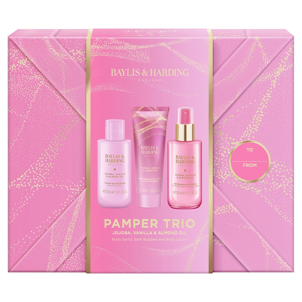 image 1 of Baylis & Harding Jojoba, Vanilla & Almond Oil Gift Wrapped Pamper Trio Gift Set