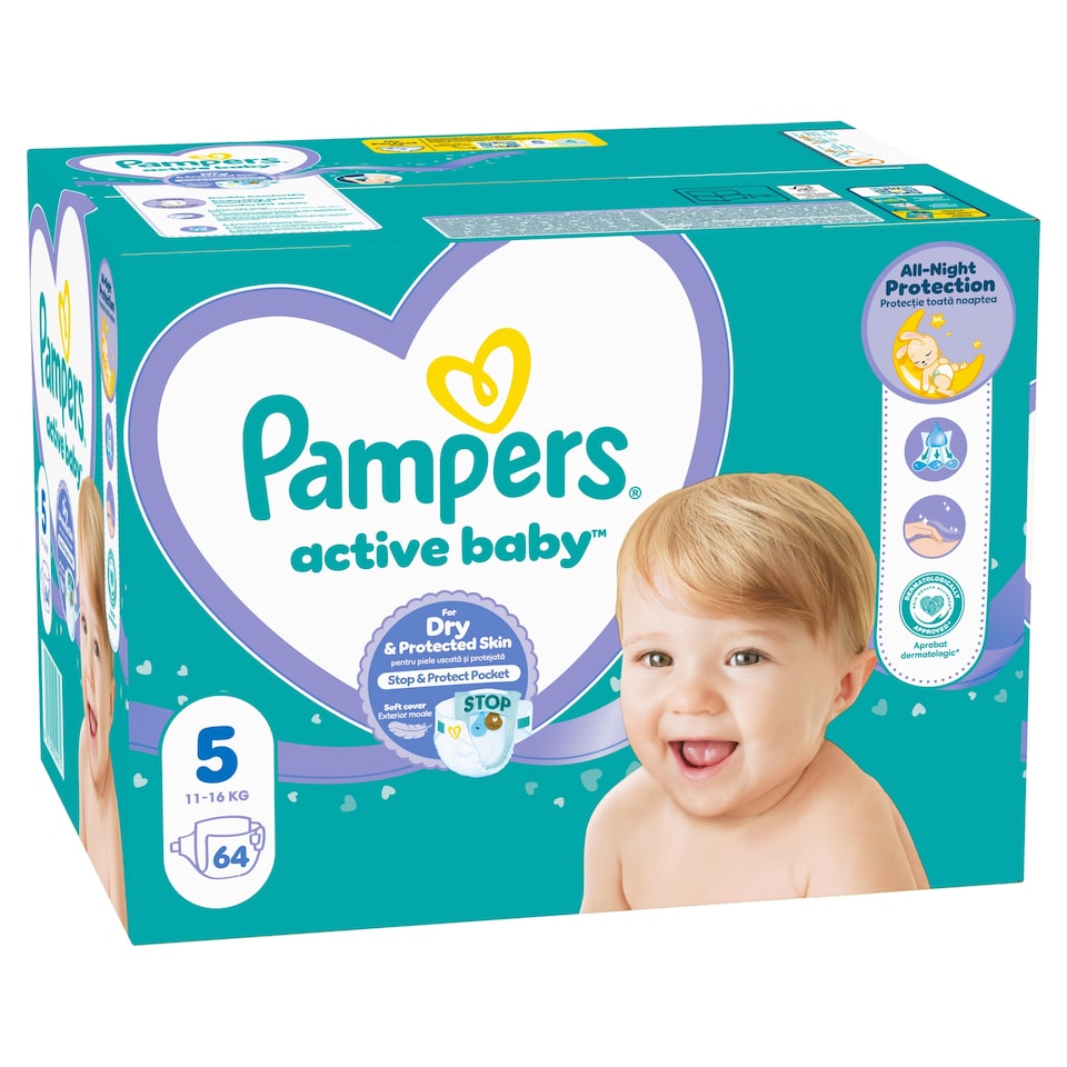 Obrázek 1 pro produkt Pampers Active Baby, Velikost 5, 64 Plenky, 11kg-16kg