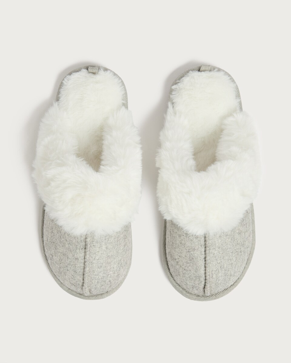 image 1 of F&F Faux Fur Lined Mule Slippers in Grey