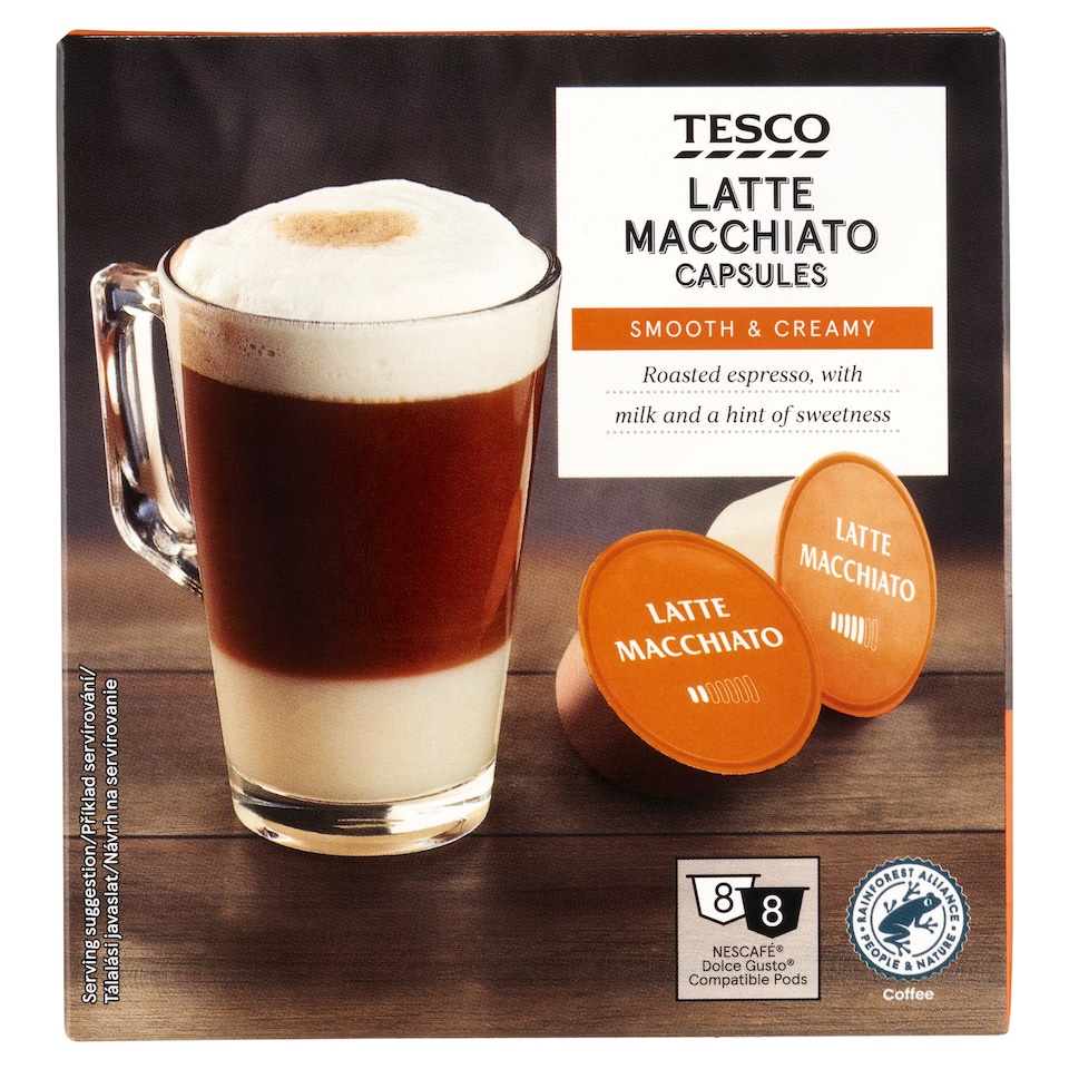 Tesco Latte Macchiato zmes praženej mletej kávy a sušené mlieko 8 x 7 g + 8 x 17,8 g (198,4 g)