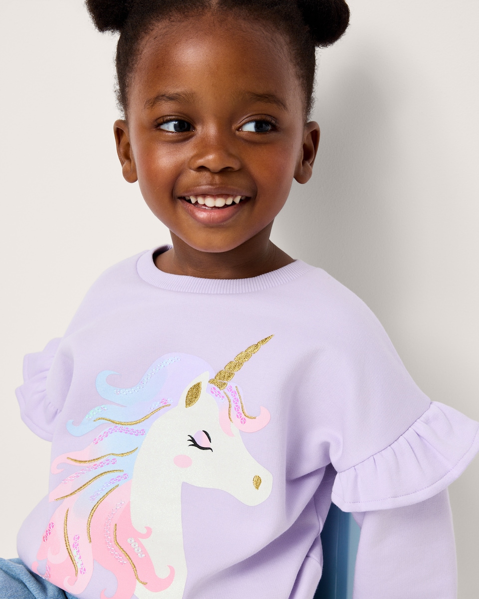 image 1 of F&F Girls Cotton Rich Unicorn Sweatshirt in Lilac