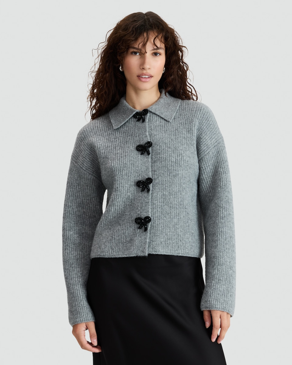 image 1 of F&F Ribbed Knit Bow Fastening Cardigan in Grey