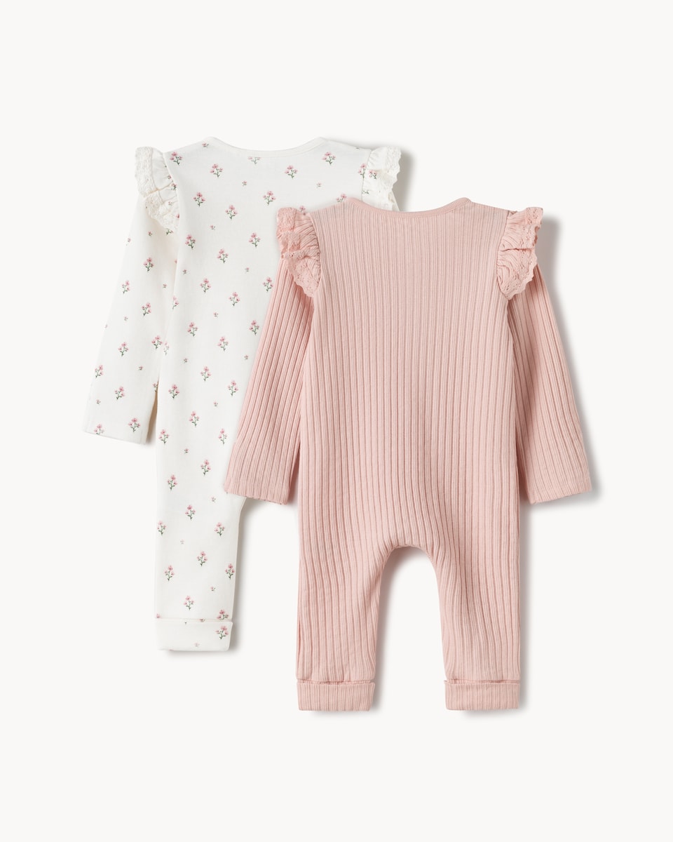 image 1 of F&F Baby 2-Pack Cotton Rich Frill Sleepsuits in Mink