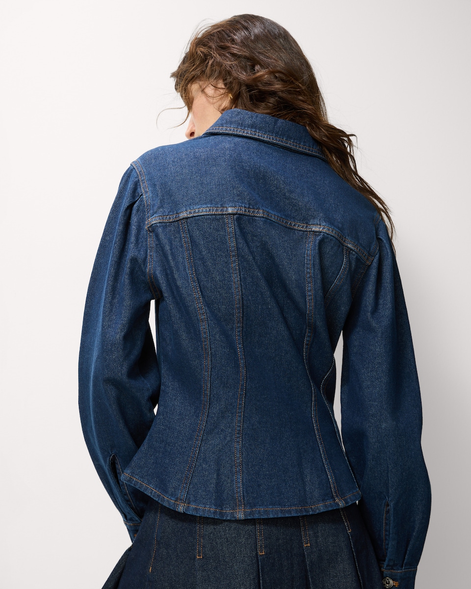 image 1 of F&F Pure Cotton Cinched Waist Denim Jacket in Navy