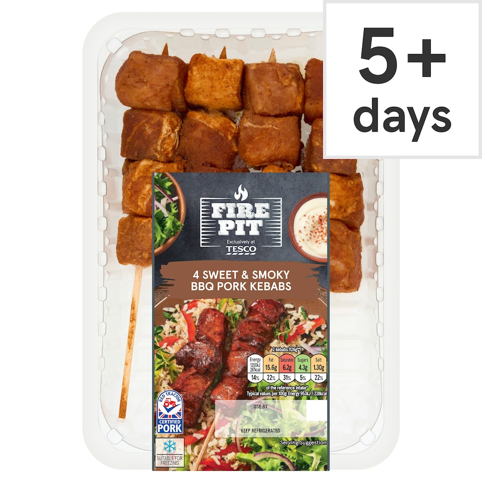 FIRE PIT Tesco Fire Pit 4 Sweet & Smoky Pork Kebabs 340G
