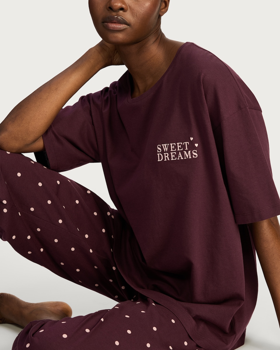 image 1 of F&F Pure Cotton Sweet Dreams Pyjama T-Shirt in Burgundy