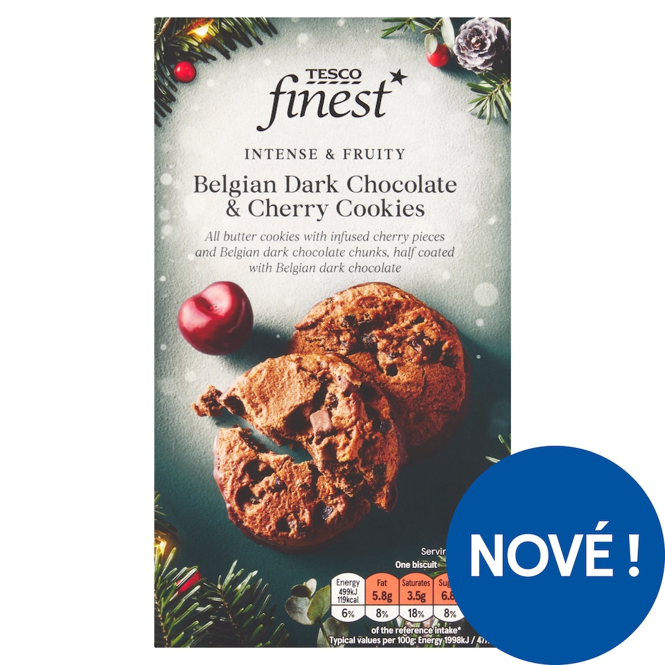 Tesco Finest Máslové sušenky s kousky s třešňovou příchutí a kousky belgické hořké čokolády 200g