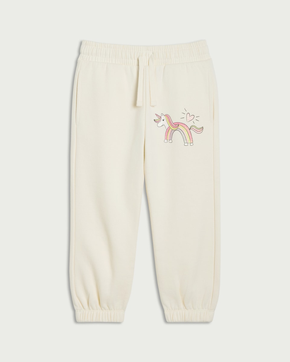 image 1 of F&F Girls Cotton Rich Unicorn Cuffed Joggers in Cream