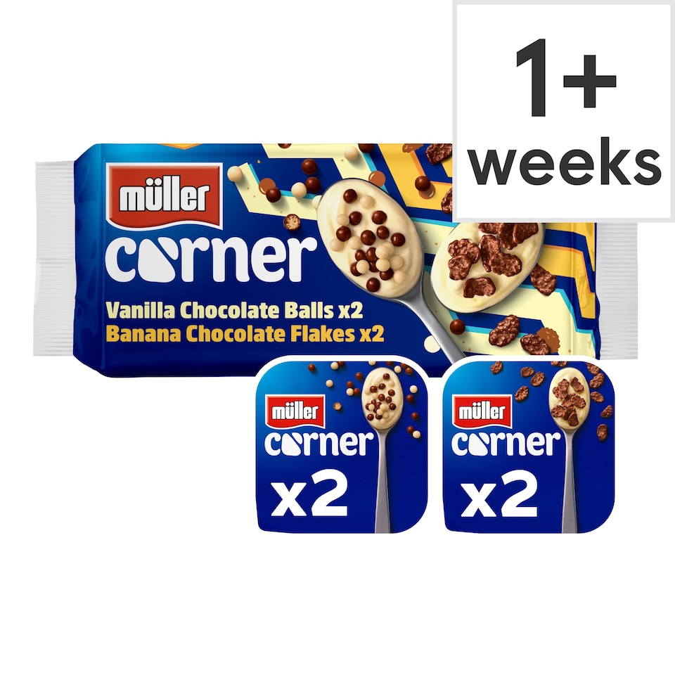 image 1 of Muller Corner Yogurt Vanilla Chocolate Balls & Banana Chocolate Flakes 4x124g