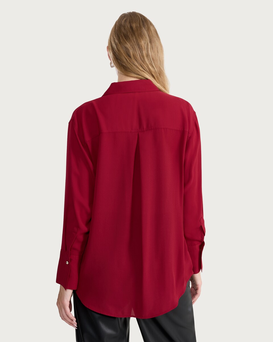 image 1 of F&F Crepe Pocket Detail Button Up Shirt in Red