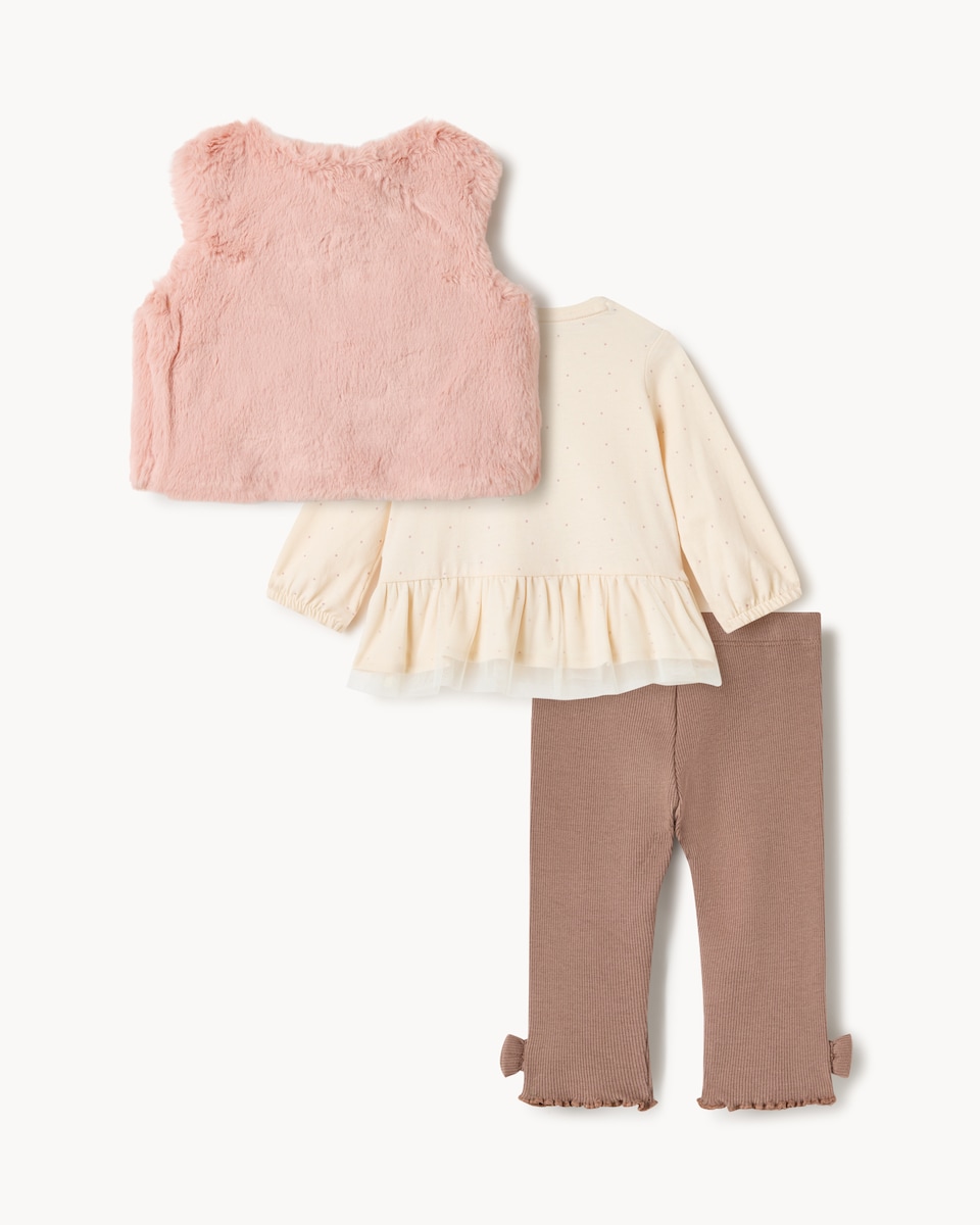 image 1 of F&F Baby Faux Fur Gilet, Top and Legging Set in Cream