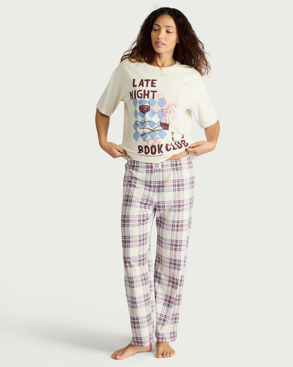 image 1 of F&F Pure Cotton Checked Pyjama Bottoms in Multi White