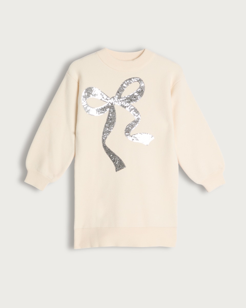 image 1 of F&F Girls Sequin Bow Jumper Dress in Cream