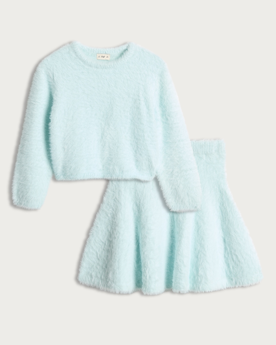 image 1 of F&F Girls 2-Piece Fluffy Knitted Jumper and Skirt Set in Cream