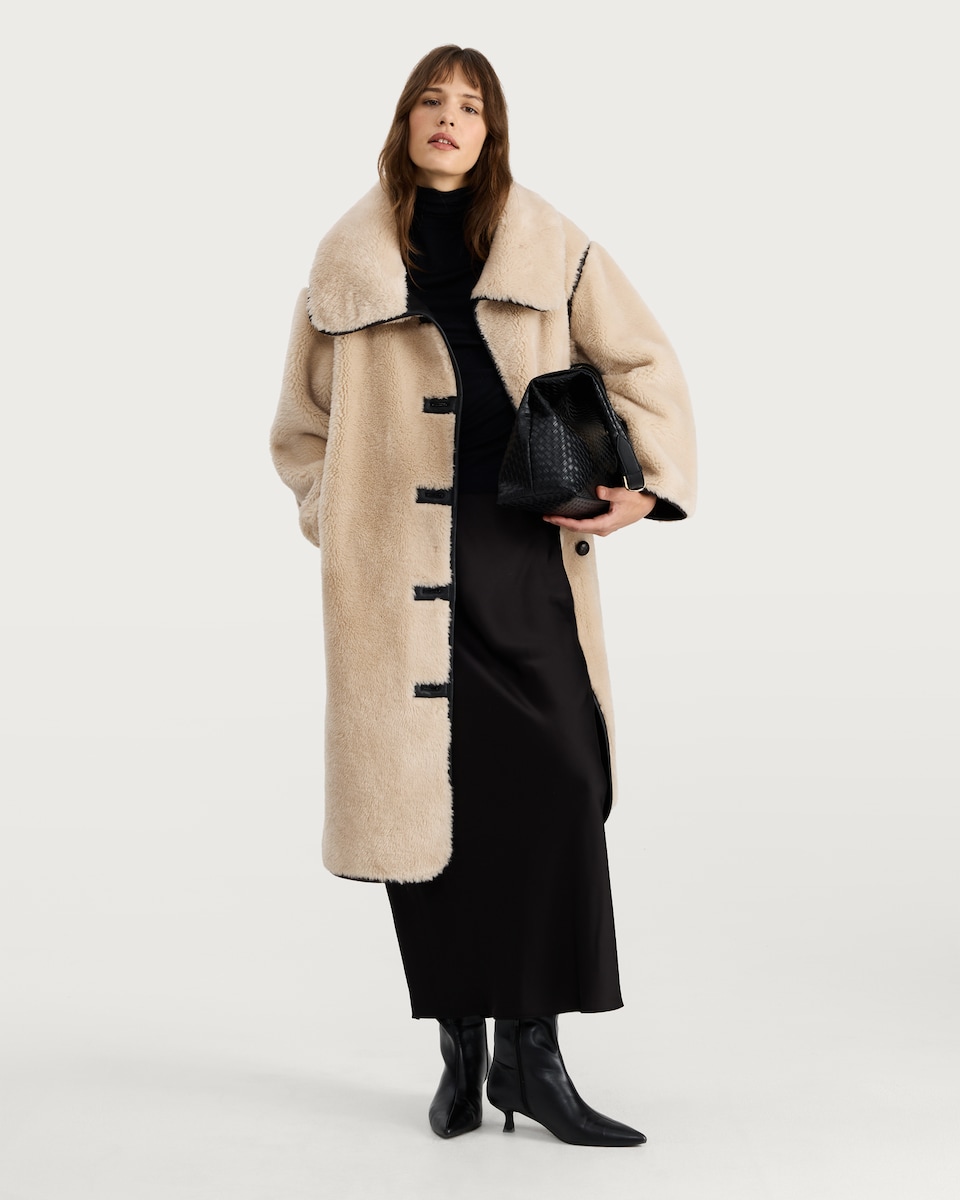 image 1 of F&F Faux Shearling Toggle Fastening Coat in Cream