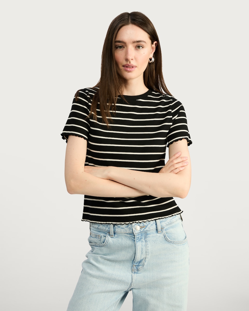 image 1 of F&F Striped Ribbed Lettuce Hem T-Shirt in Multi Brown
