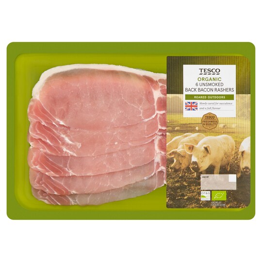 TESCO UNSMOKED ORG RINDLESS BACK BACON 200G Tesco Groceries