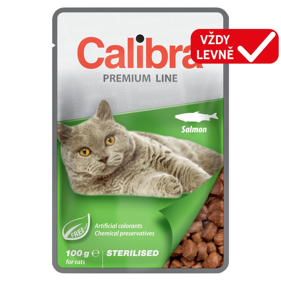 Calibra Premium Line kompletní krmivo pro dospělé sterilizované kočky s lososem v omáčce 100g