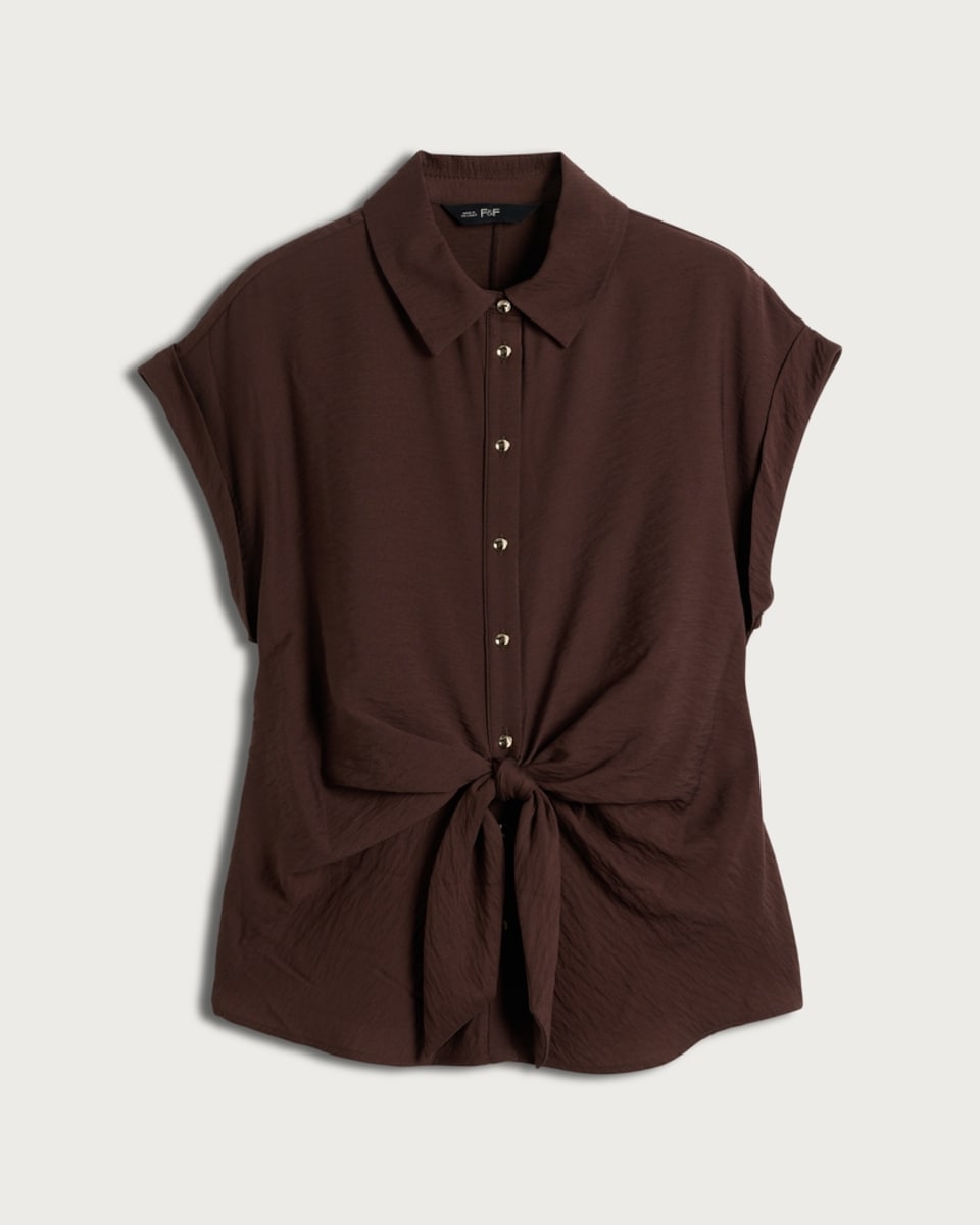 image 1 of F&F Knot Front Button Up Co-ord Blouse in Brown