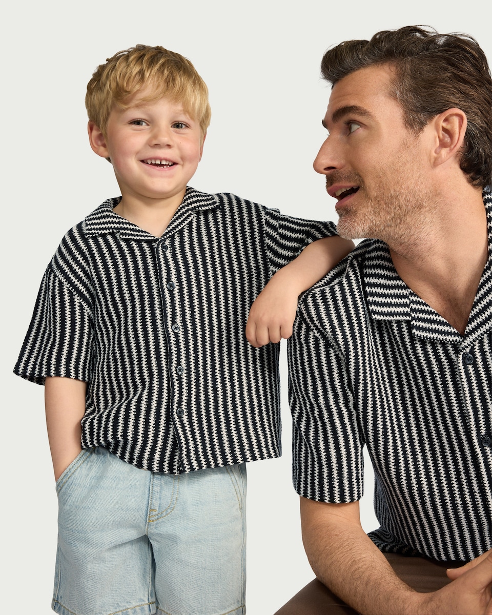 image 1 of F&F Boys Cotton Rich Striped Button-Up Shirt in Multi Black White