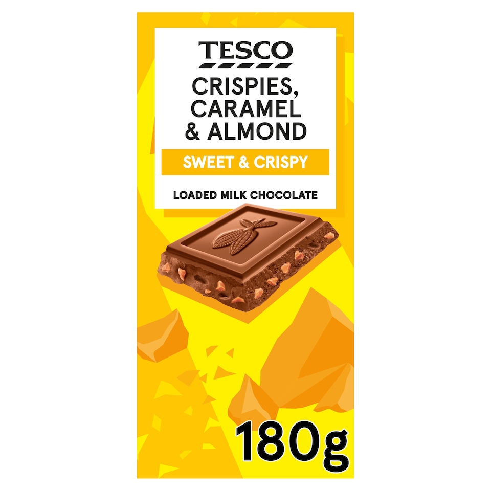 Tesco Crispies, Caramel & Almond Loaded Milk Chocolate 180g