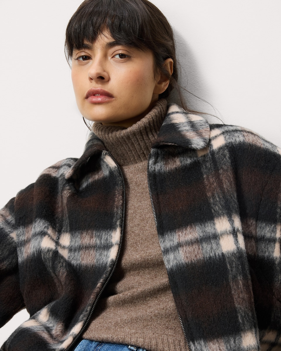 image 1 of F&F Brushed Checked Short Jacket in Multi Brown