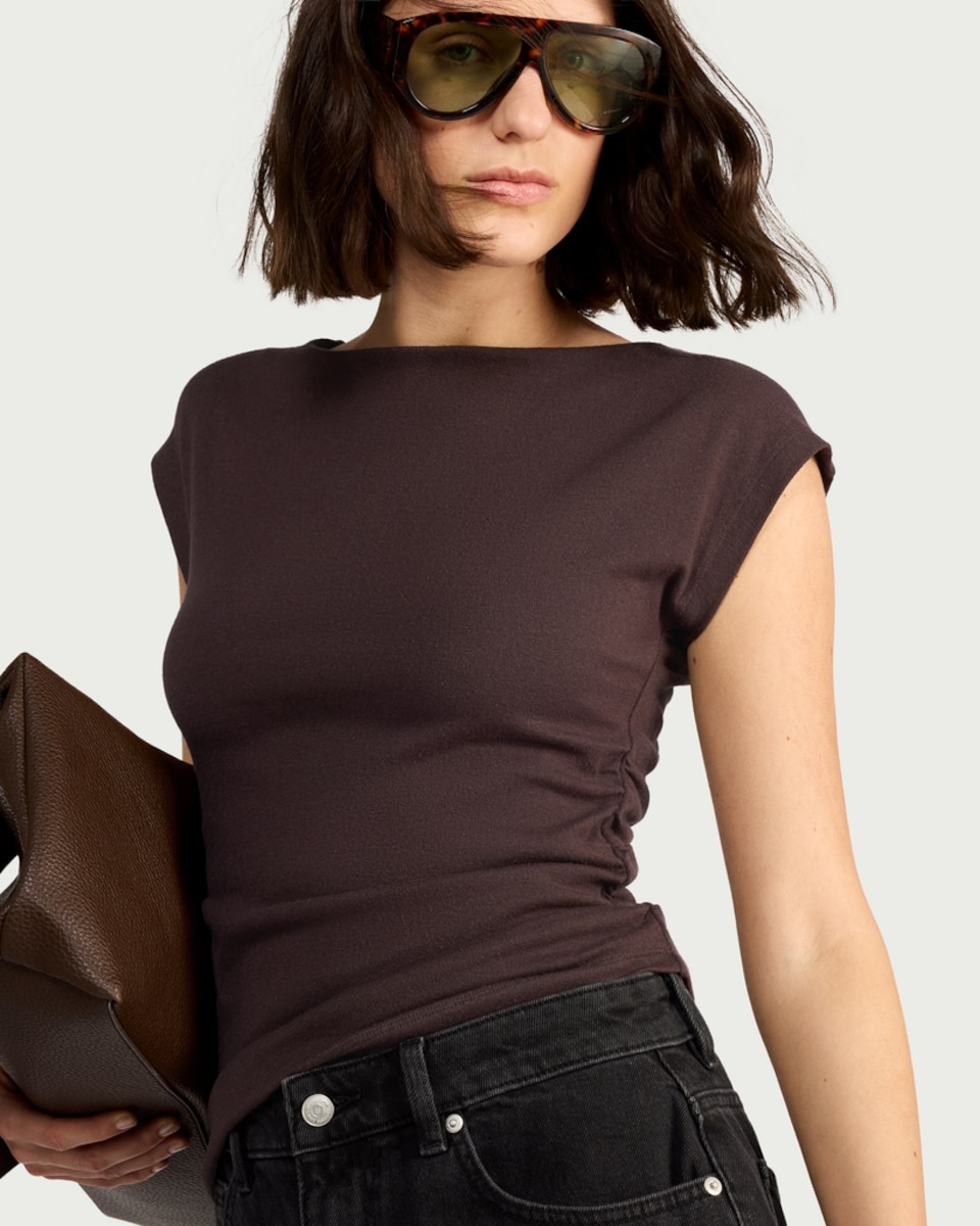 image 1 of F&F Cotton Rich Ruched Side Cap Sleeved Top in Chocolate