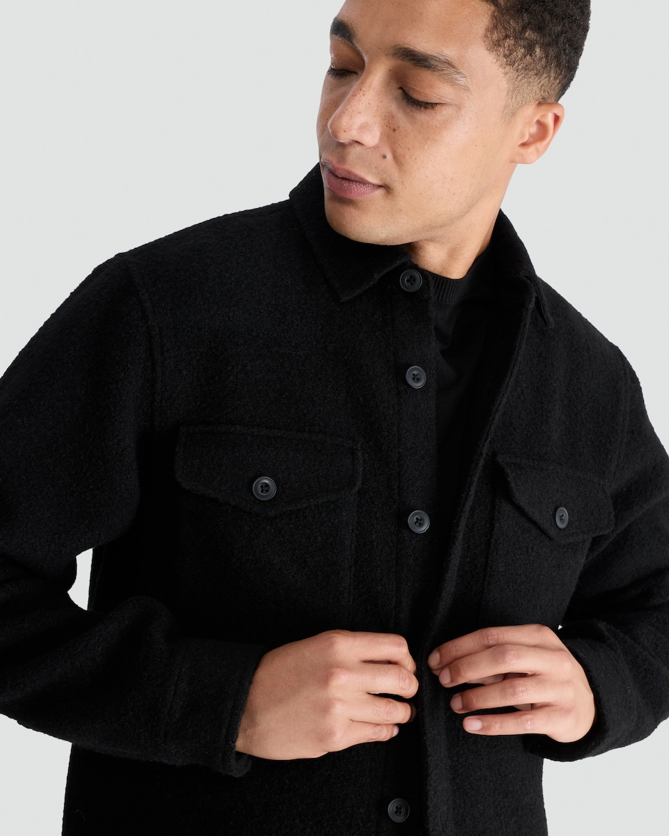 image 1 of F&F Boucle Textured Button Up Shacket with Wool in Black