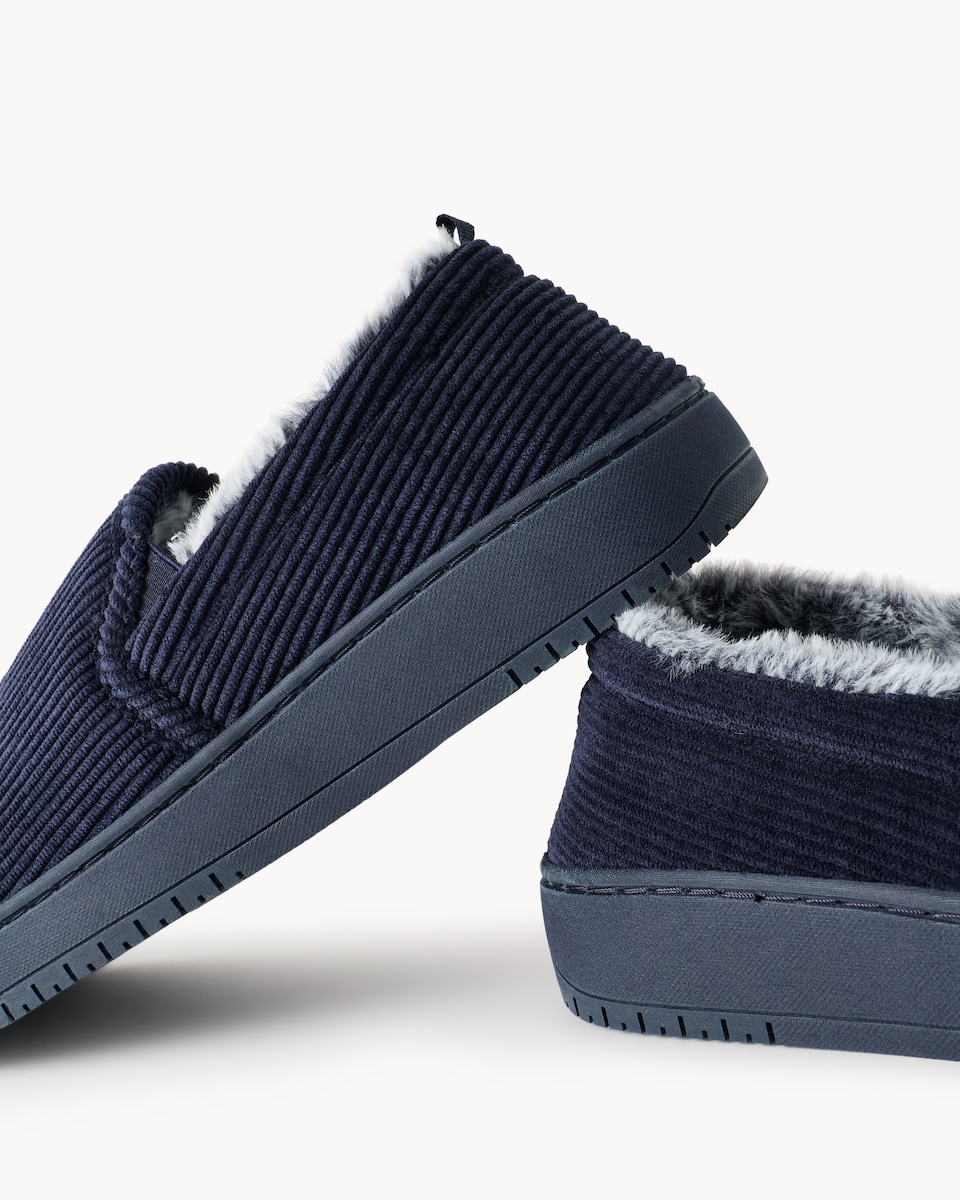 image 1 of F&F Faux Fur Lined Cord Closed Back Slippers in Navy