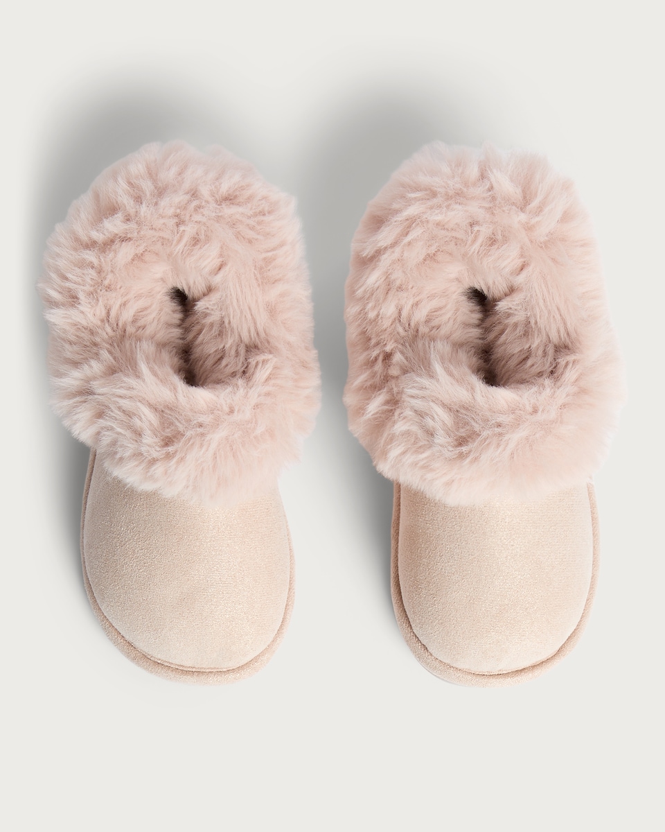 image 1 of F&F Girls Faux Fur Trim Slippers in Pink