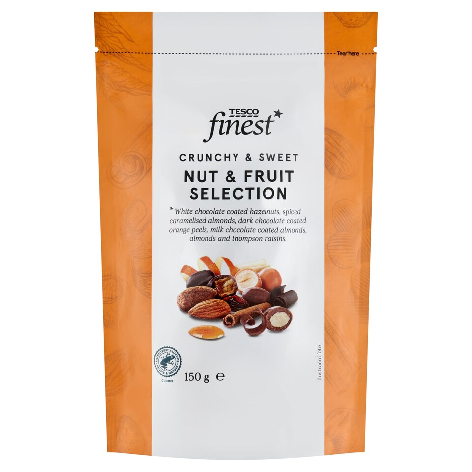 Tesco Finest Směs jader lískových ořechů, mandlí, rozinek a pomerančové kůry v čokoládě 150g