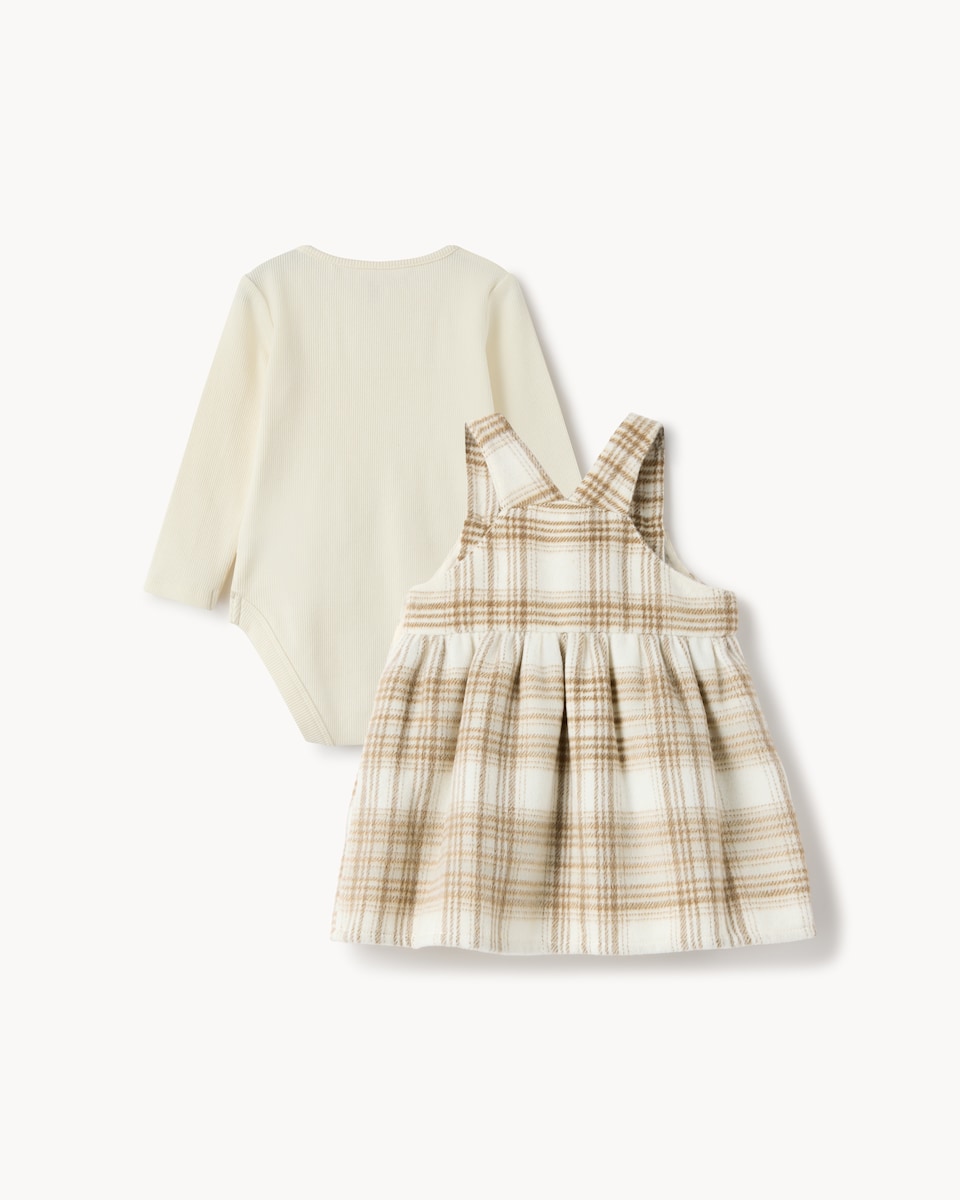 image 1 of F&F Baby Check Dress, Bodysuit and Tights Set in Tan