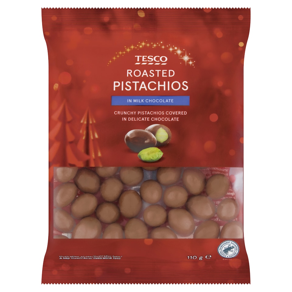 Tesco Pražené pistácie jadrá v mliečnej čokoláde 110 g