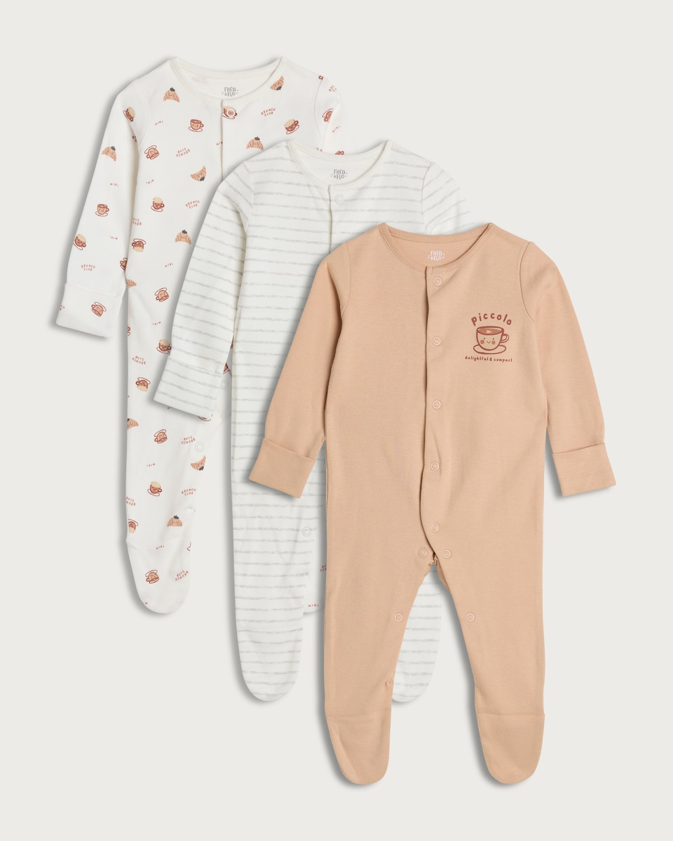 image 1 of F&F Baby 3-Pack Pure Cotton Breakfast Print Long Sleeved Sleepsuits in White
