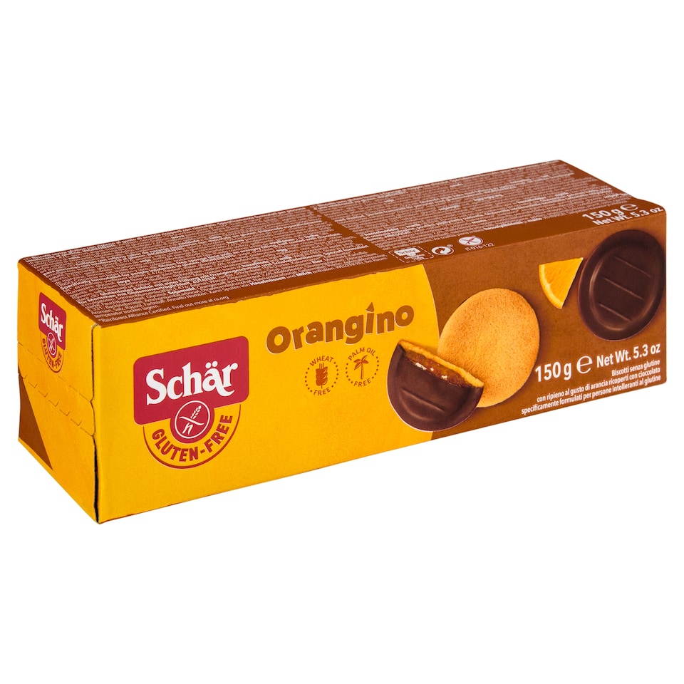 Obrázek 1 pro produkt Schär Orangino jemné pečivo bez lepku polomáčené v čokoládě s náplní s příchutí pomeranče 150g