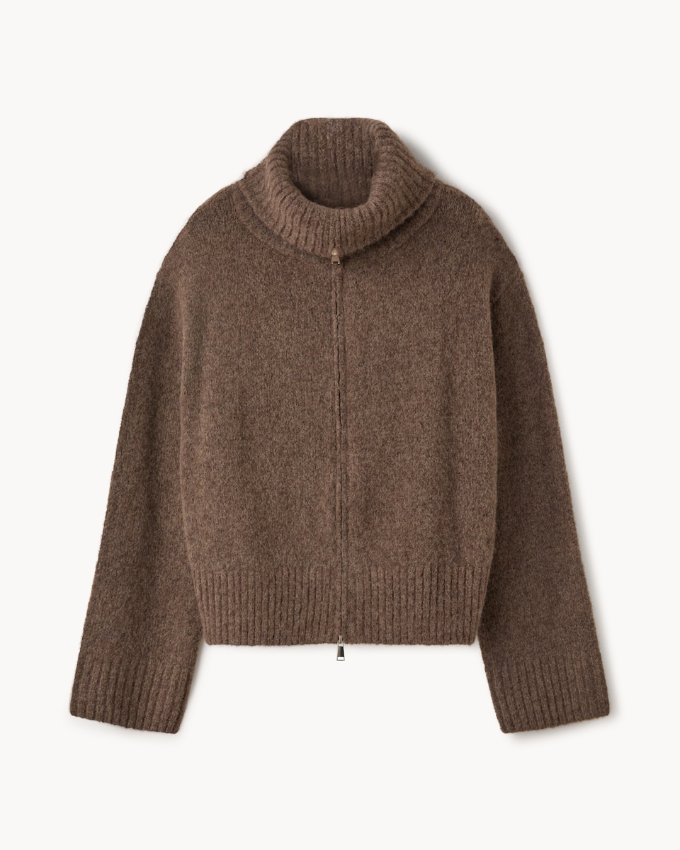 image 1 of F&F Roll Neck Zip Up Cardigan with Wool in Mink