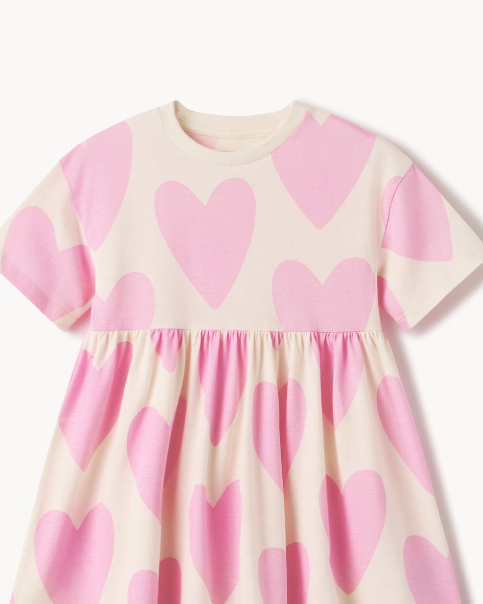 image 1 of F&F Girls Pure Cotton Heart Print Short Sleeved Dress in Pink